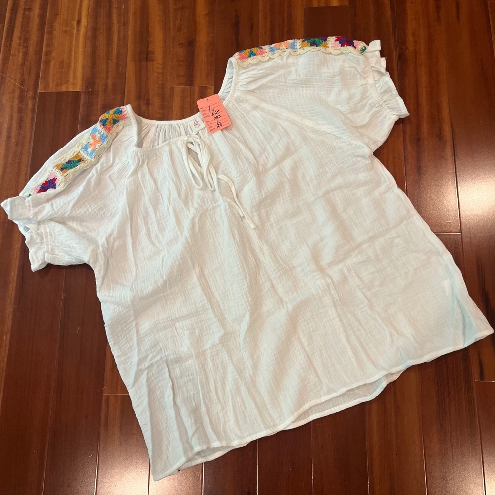 White Crochet Tee Top Like Love Cotton Gauze Peasant Boho Blouse New Large